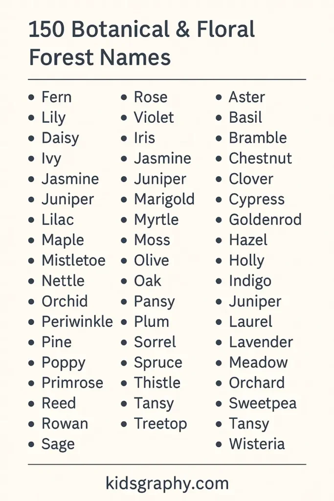 List of 150+ forest names inspired by flowers, trees, and plants, displayed in bullet points with a nature-themed font