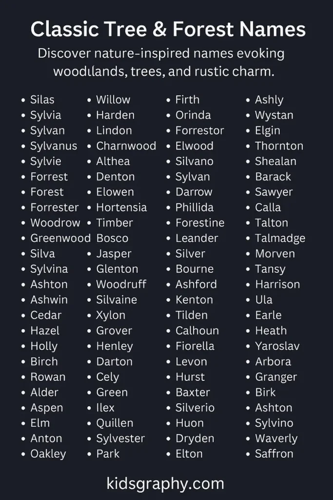 Dark background infographic showing classic forest-inspired names like Sylvan, Forrest, and Hazel in bullet format