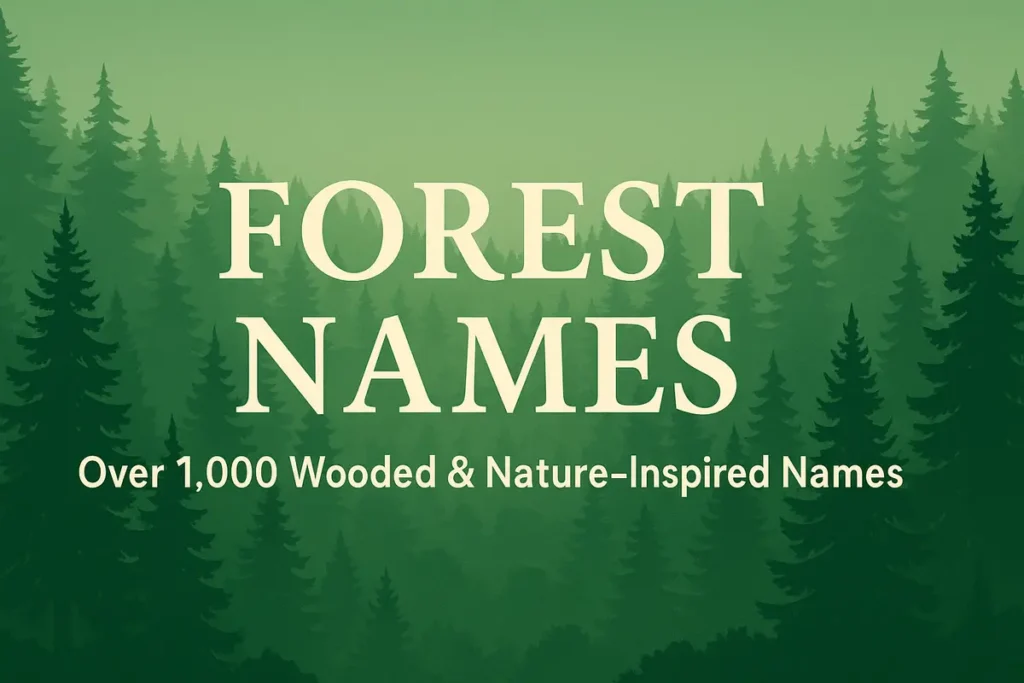 Illustrated forest with trees, glowing sunlight, and nature elements representing forest-inspired baby names and character ideas