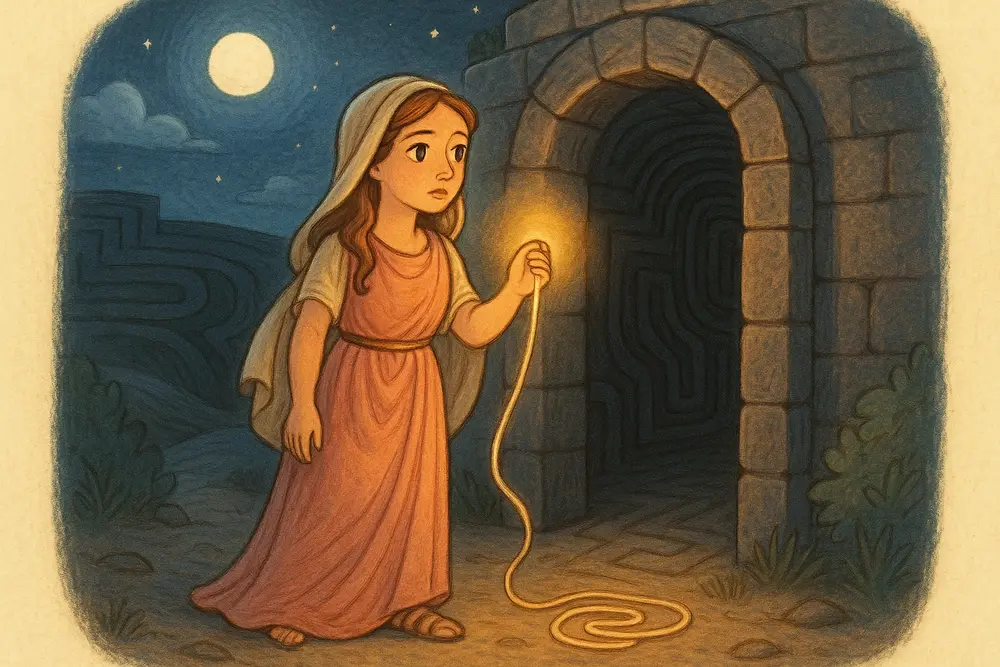 Ariadne holding a golden thread outside the labyrinth