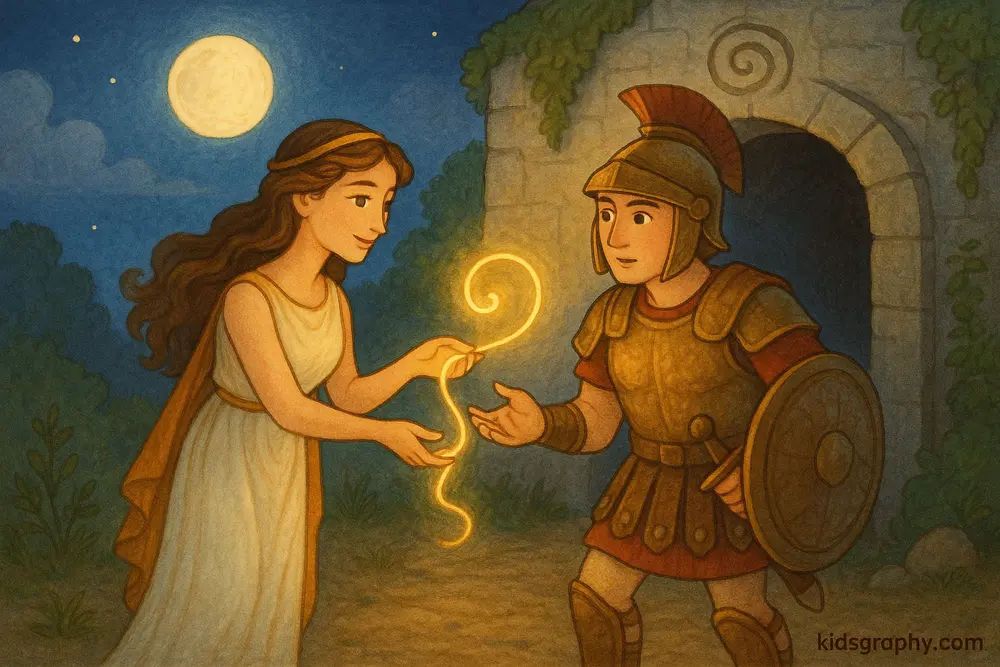 Ariadne gives Theseus the thread before he enters the maze.