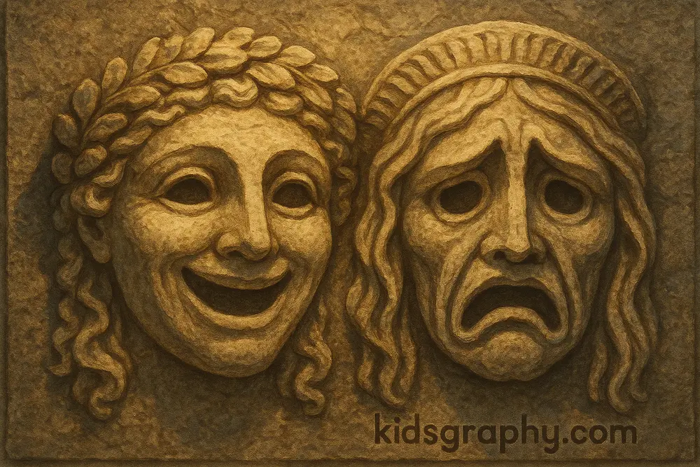 Comedy and tragedy masks representing Thalia and Melpomene