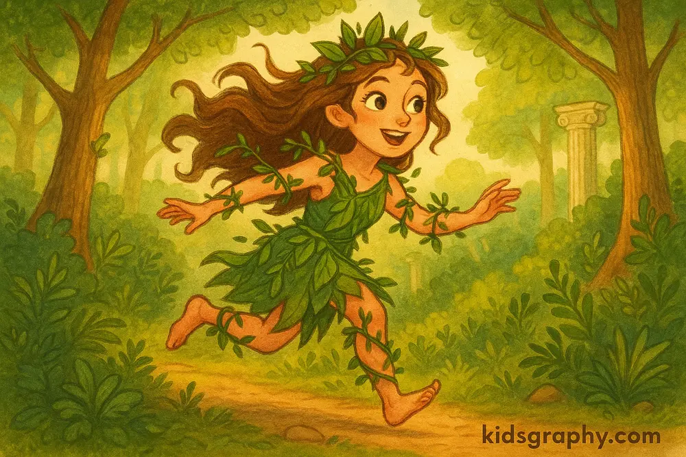 Daphne running through the forest in Greek mythology.