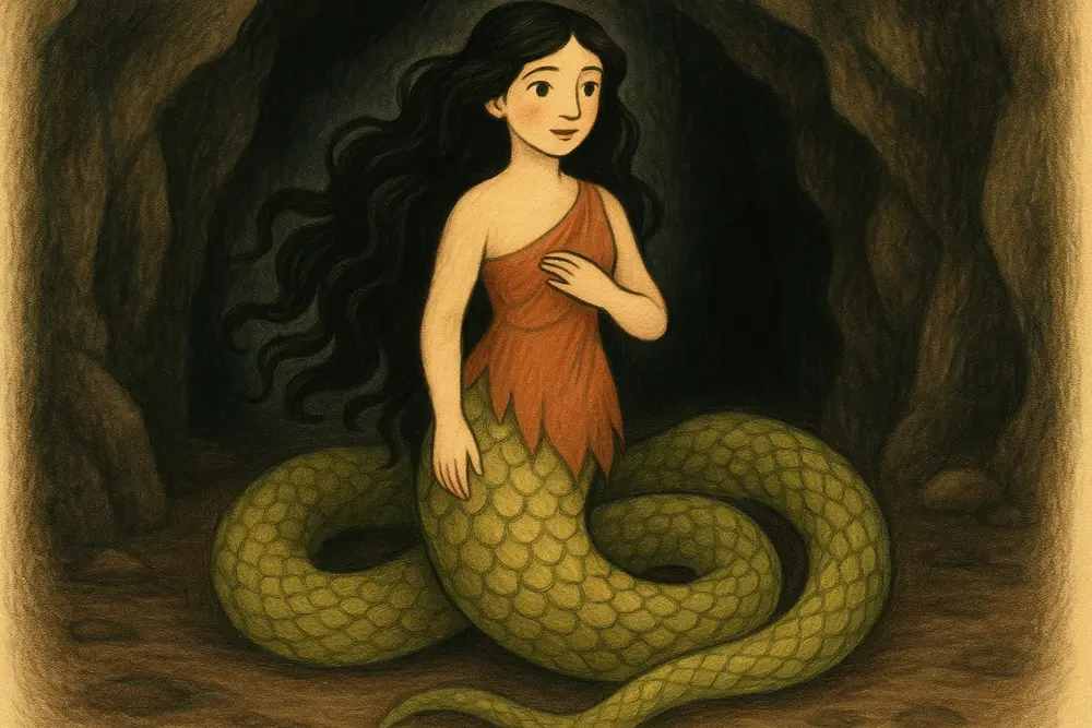 Echidna depicted as half-woman, half-serpent in her cave