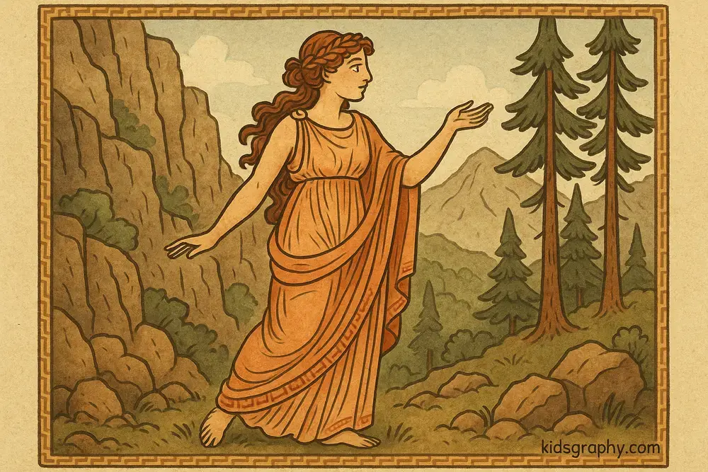 Echo the mountain nymph standing near forested cliffs