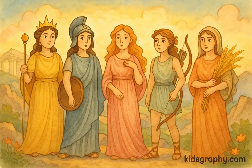 Greek goddesses standing together on Mount Olympus.