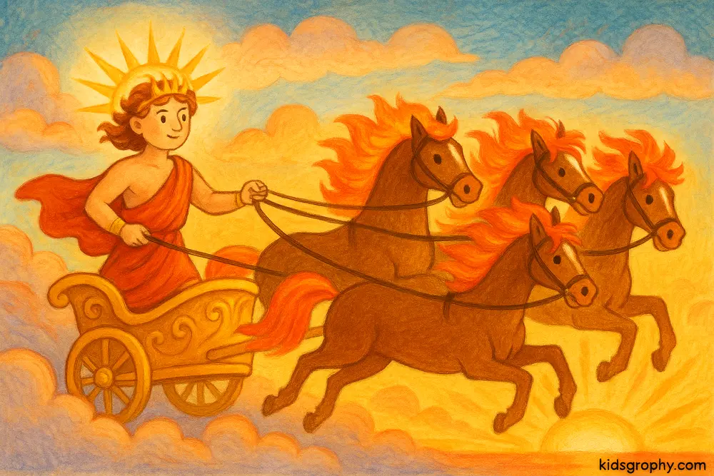 Helios riding his sun chariot across the sky.