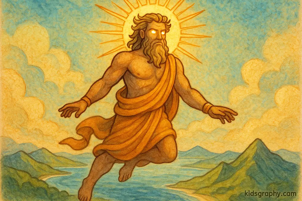 Helios looking over the earth from the sky.