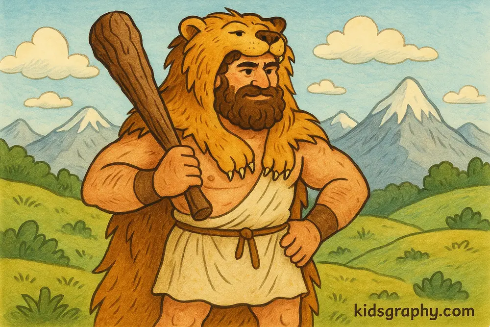 Heracles holding his club and lion cloak.