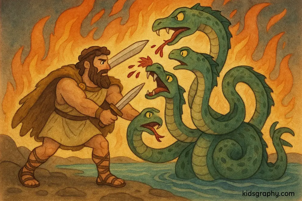 Heracles battling the multi-headed Hydra.