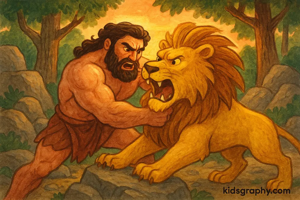 Heracles fighting the powerful Nemean Lion.