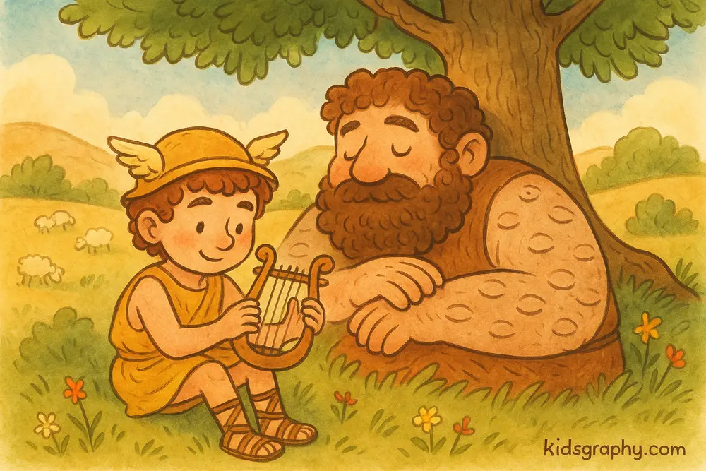 Hermes putting Argus to sleep with music.