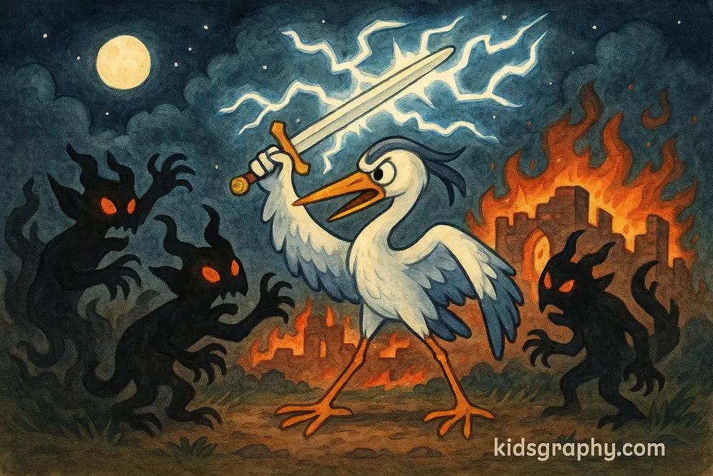 Heron battling demons with sword and lightning