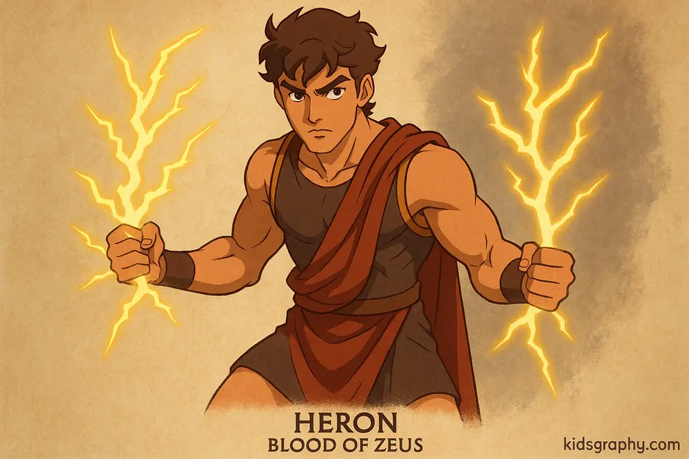 Heron with lightning powers as Zeus's demigod son
