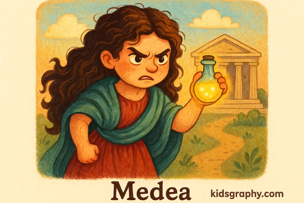 Medea with a potion, a tragic and magical figure.