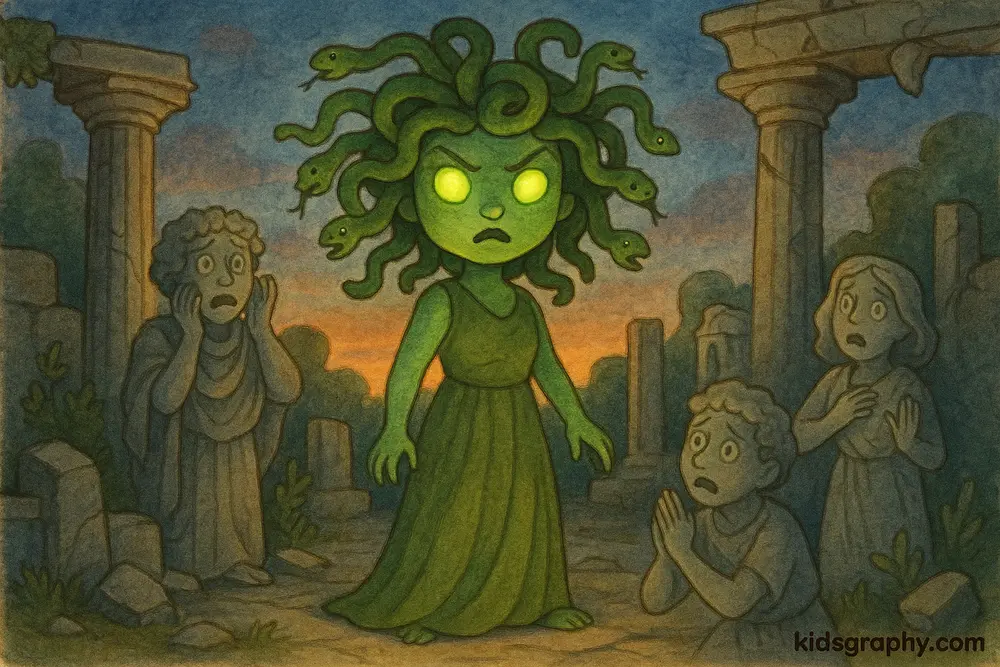 Medusa with snake hair turning enemies to stone
