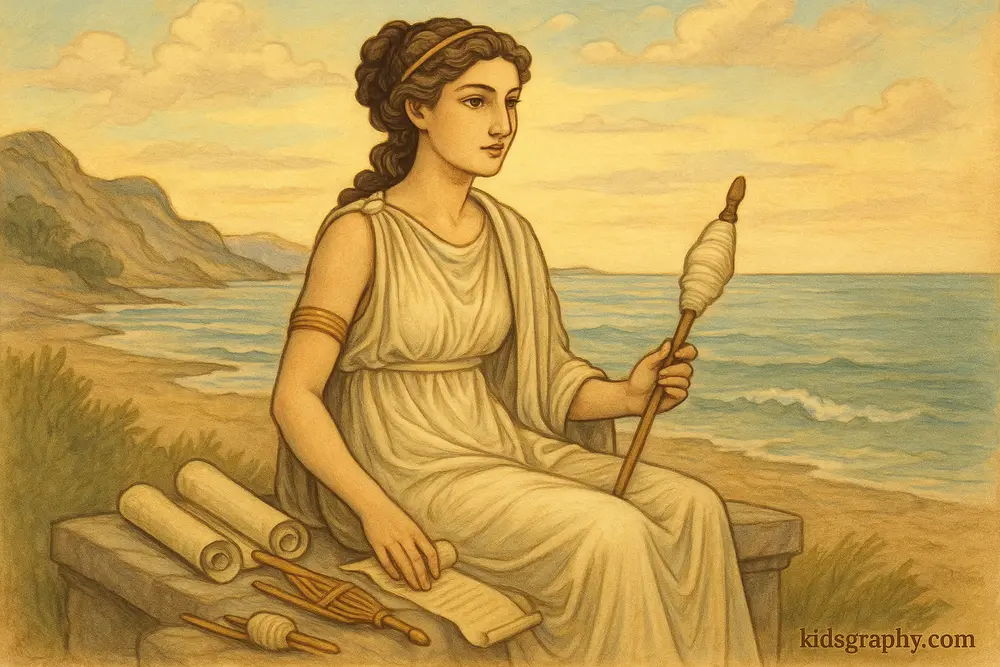 Metis, Titaness of wisdom, near the sea with scrolls and tools