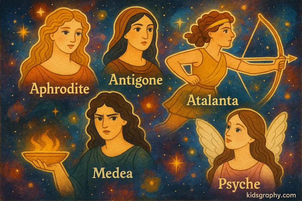 Modern symbolic art of Greek mythological women.