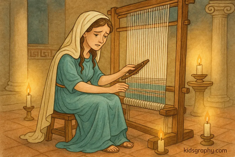 Penelope weaving alone during Odysseus’s absence.