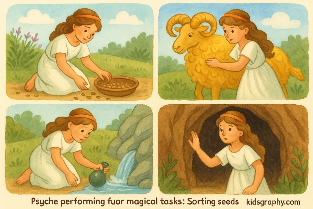 Psyche completing the four impossible trials given by Aphrodite