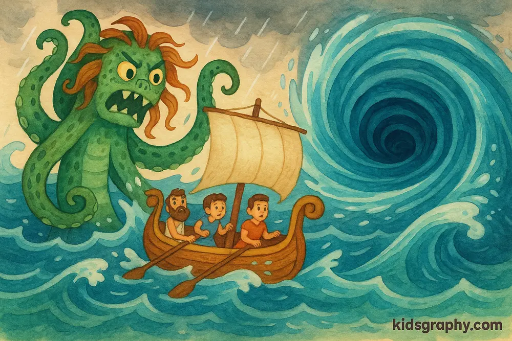 Scylla and Charybdis threatening a passing ship