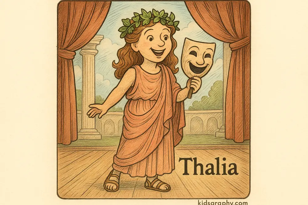 Thalia the Muse of comedy holding a smiling theater mask