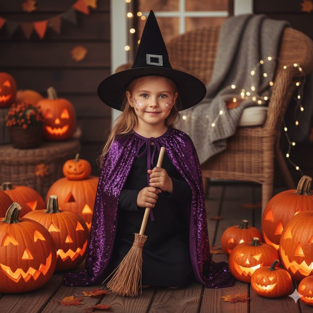 Cute little girl dressed as a witch with a small broom, smiling on a Halloween-decorated porch