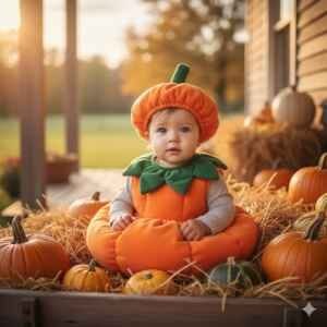 Baby wearing a soft pumpkin costume sitting with pumpkins in a fall outdoor setting