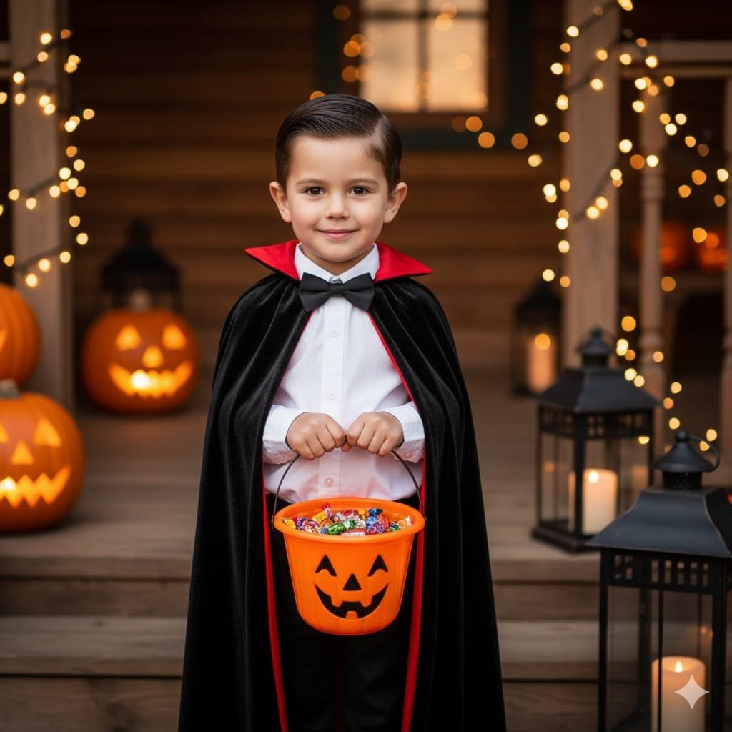 Little boy in a child-friendly vampire costume with cape and bow tie smiling outdoors