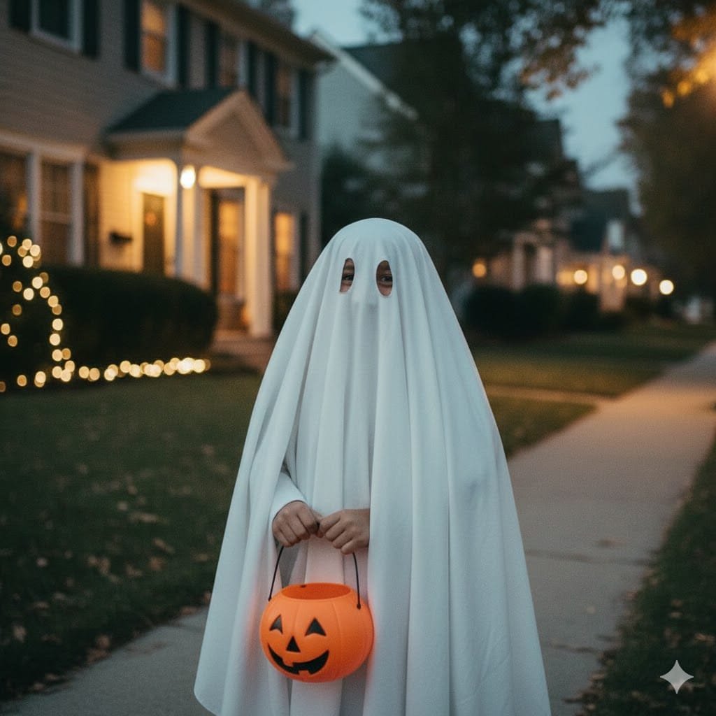 Child wearing a cute ghost sheet costume holding a pumpkin bucket on trick-or-treat night