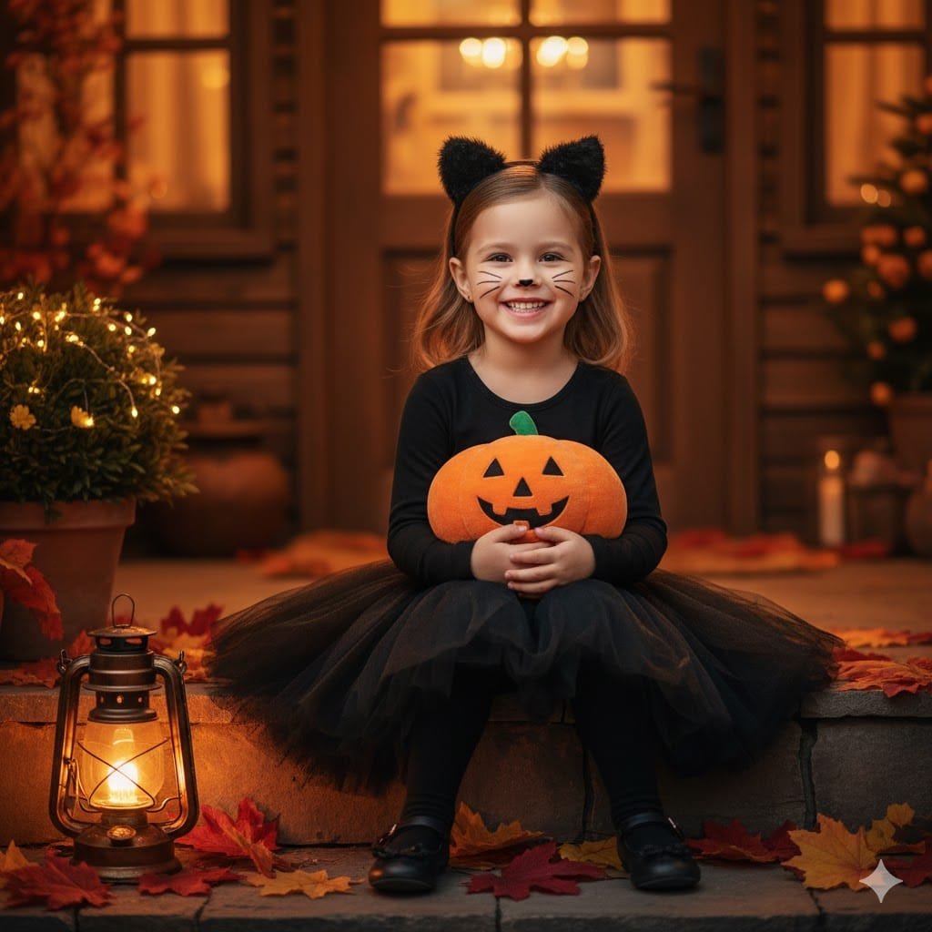 Young girl dressed as a black cat with ears, whiskers, and tutu sitting on decorated porch