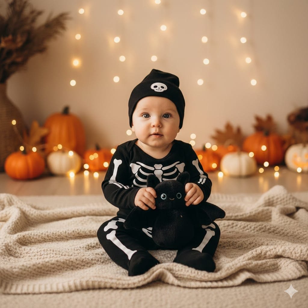 Baby in a cozy skeleton onesie sitting indoors with mini pumpkins and fairy lights