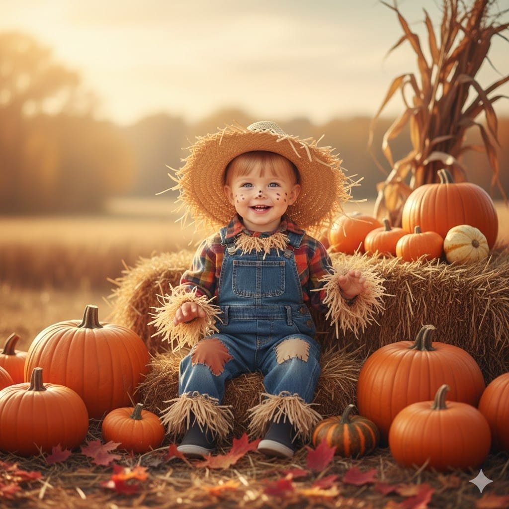 Toddler dressed as a scarecrow with straw hat and plaid clothes sitting in pumpkin patch