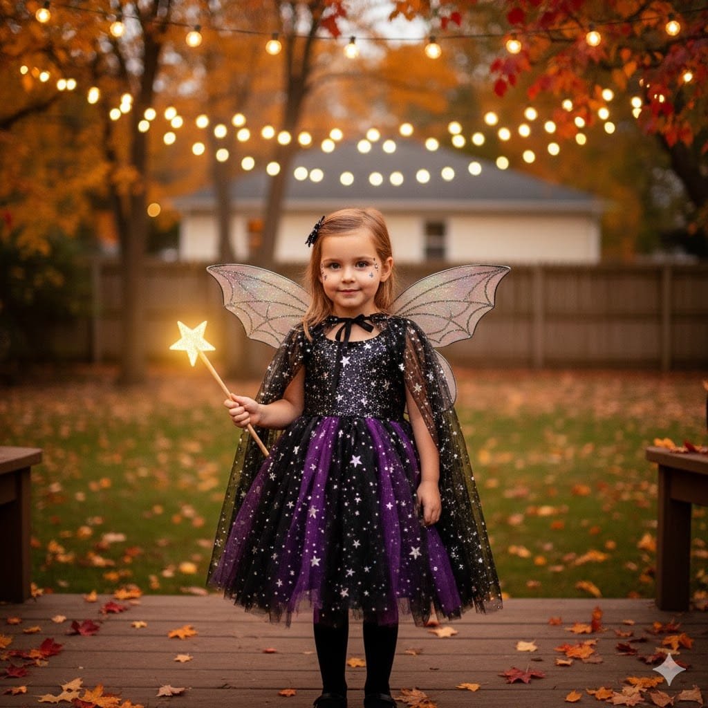 Little girl wearing fairy-witch costume with wings and wand in fall garden