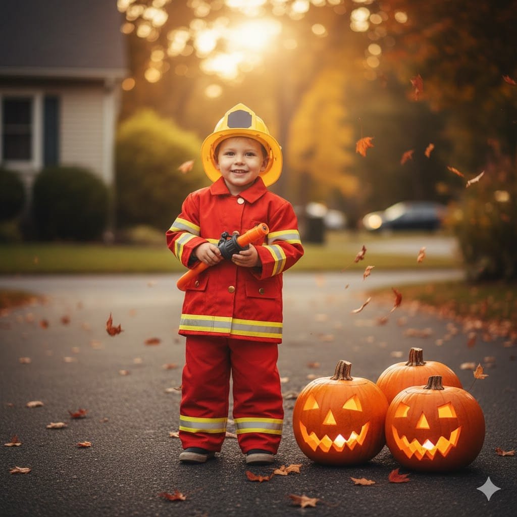 Little boy in firefighter costume holding toy hose on decorated driveway