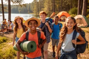 Children enjoying a youth summer camp outdoors near a lake with tents and backpacks.