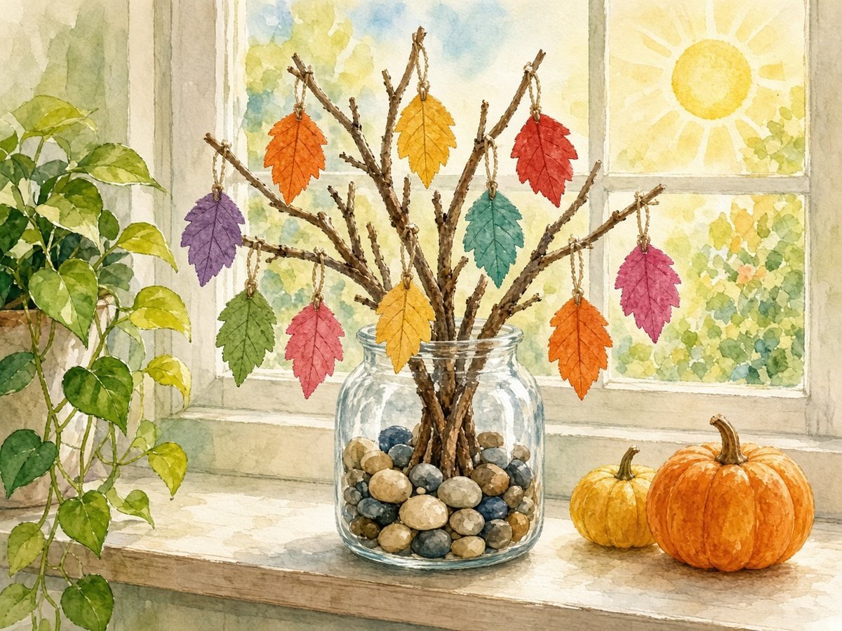 3D thankful tree made of twigs in a jar of pebbles with paper gratitude leaves hanging on twine