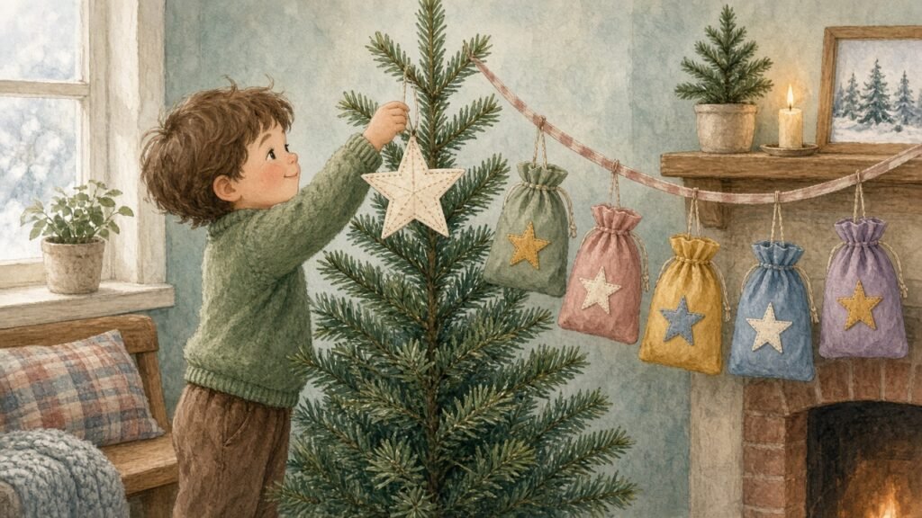 Child hanging a paper star on a small tree beside an Advent pouch garland