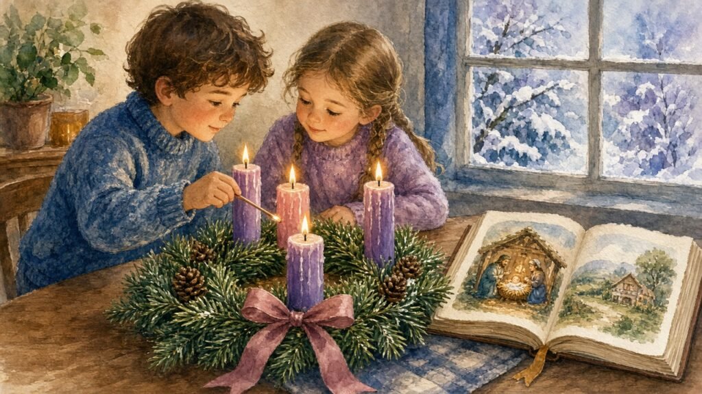 Two children lighting candles on an Advent wreath beside an open Bible