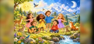 Children singing All Creatures of Our God and King in a meadow with the sun, moon and animals
