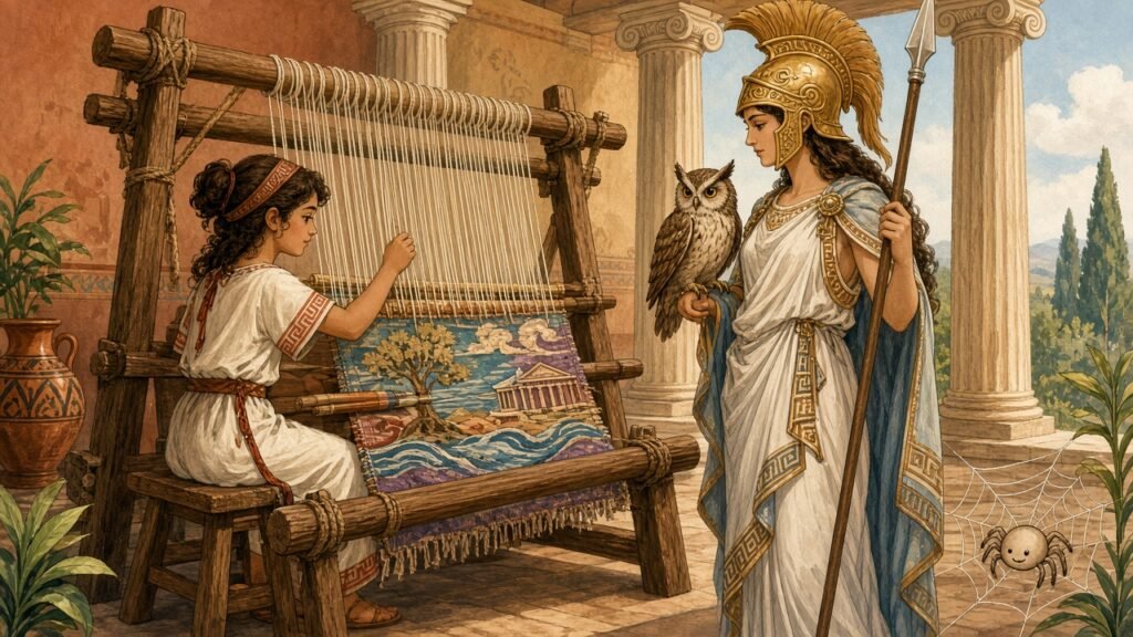 A young weaver at a wooden loom with colorful threads while a small spider spins a web in the window