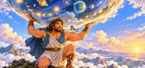 Atlas the Titan from Greek mythology holding up the starry sky on a mountaintop