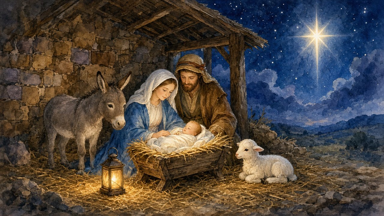 Baby Jesus in a manger with Mary and Joseph under a bright star, kids Bible illustration