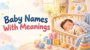 Watercolor illustration of a sleeping baby in a crib with alphabet blocks and the title Baby Names With Meanings