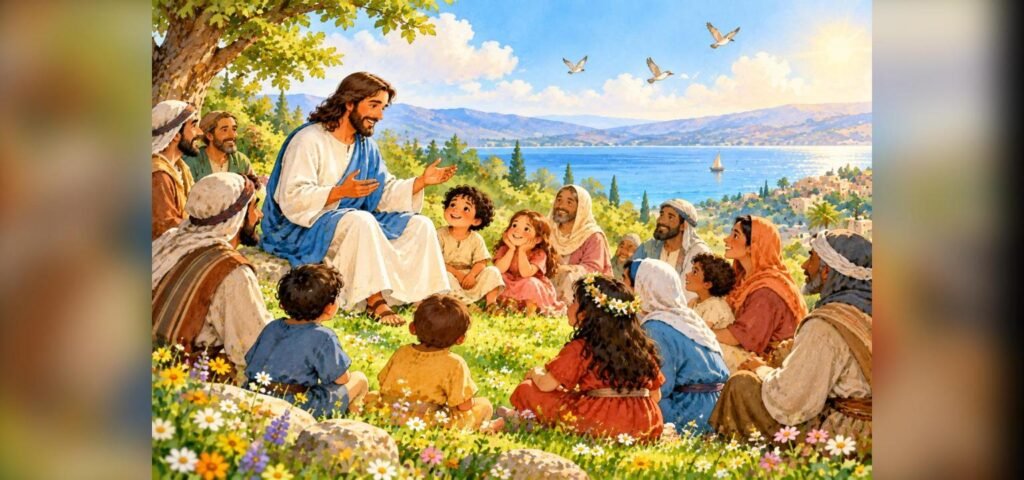 Jesus teaching the Beatitudes to children and families on a hillside by the Sea of Galilee