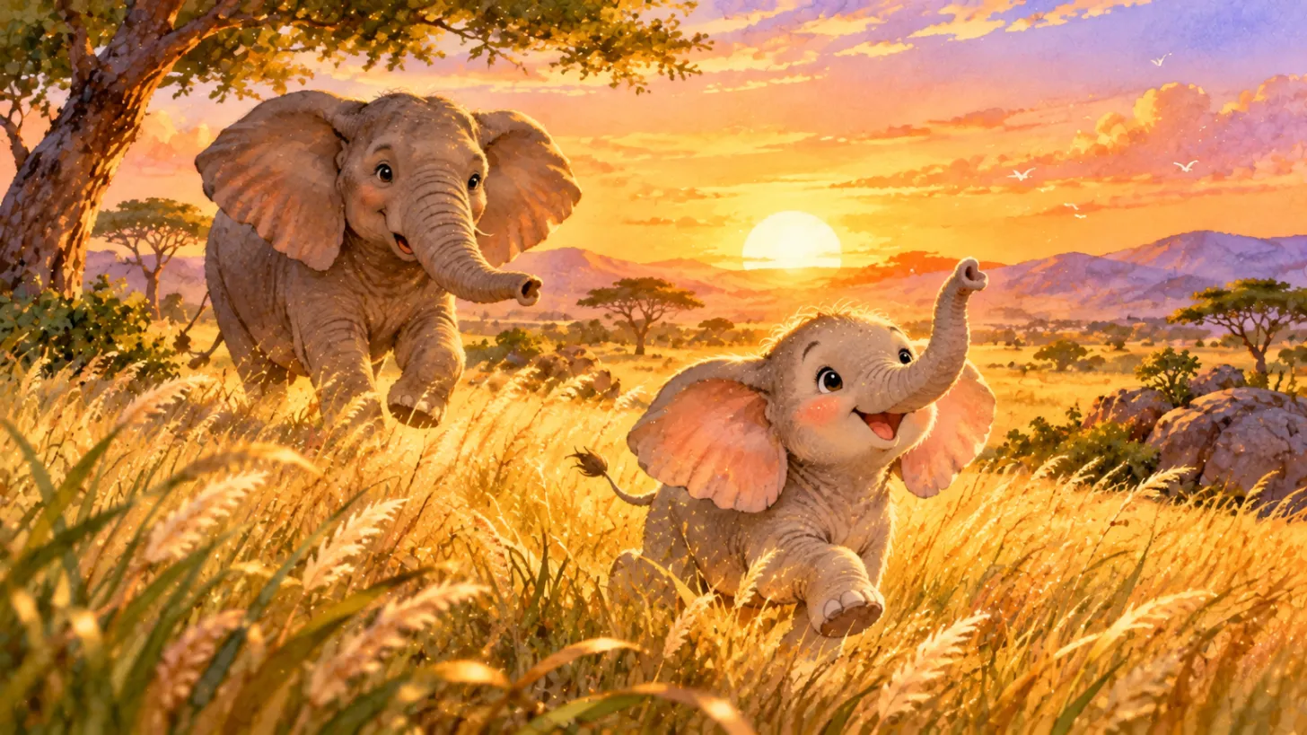 Baby elephant trumpeting in tall grass as her mother runs to her