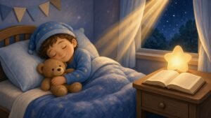 A child holding a lantern on a hilltop at night, looking up at a sky full of stars beside a big protective tree