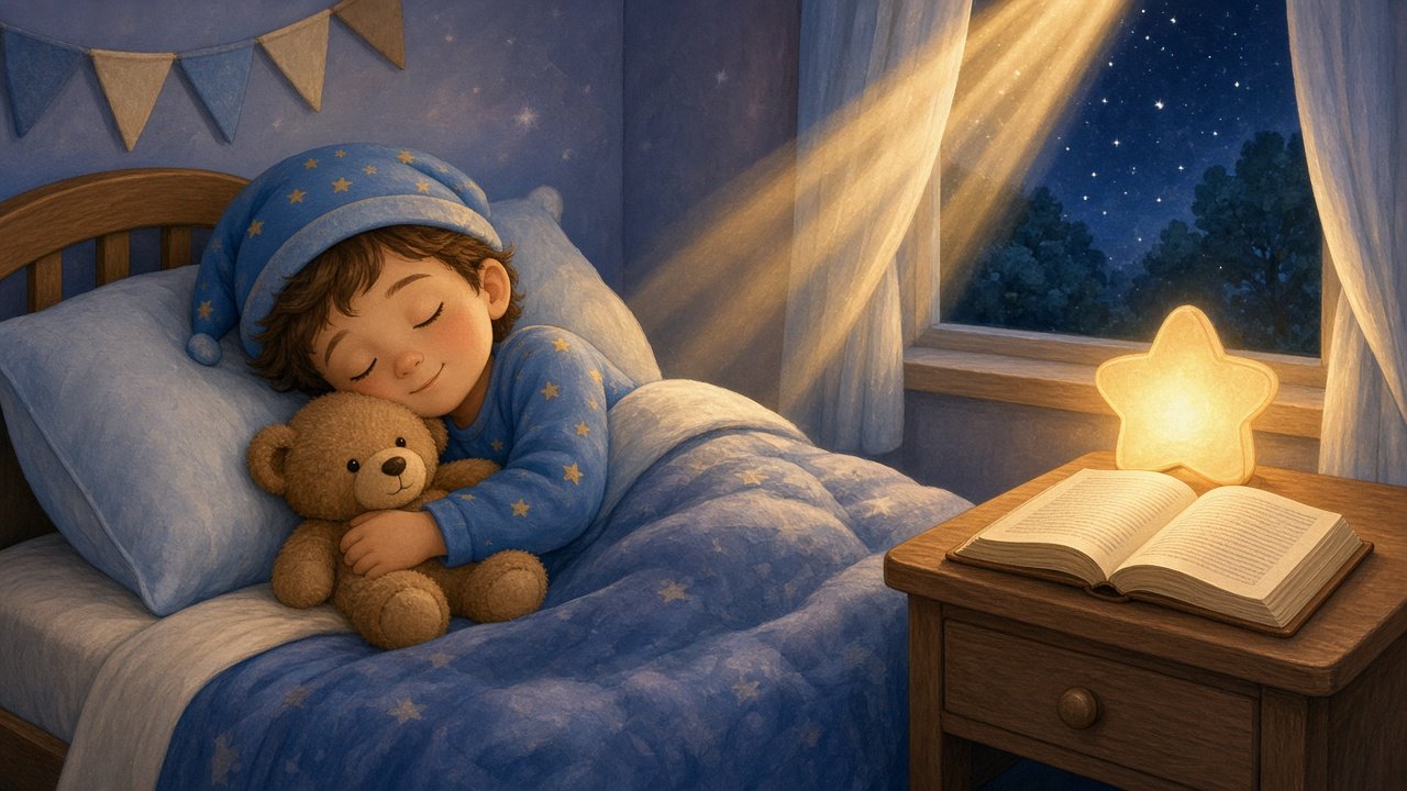 A child holding a lantern on a hilltop at night, looking up at a sky full of stars beside a big protective tree