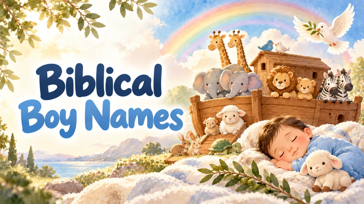 Watercolor illustration of a sleeping baby boy beside a wooden Noah ark toy with animals, a dove and a rainbow, titled Biblical Boy Names