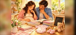 Expecting parents looking through baby name books while choosing a baby girl name